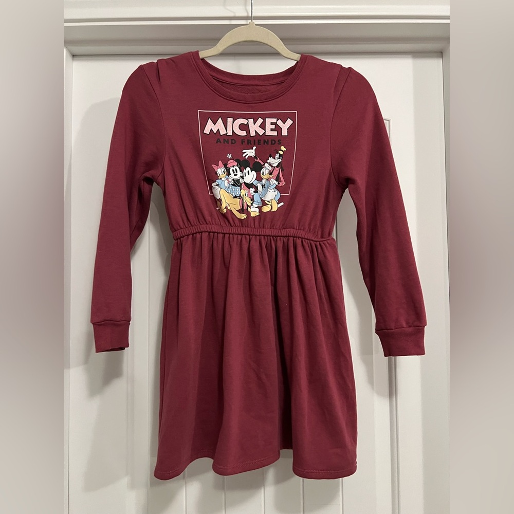 Disney Mickey and Friends Girls Sweatshirt Dress Maroon Long Sleeve Size M 10/12